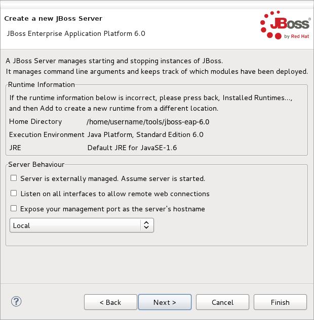CHAPTER 1. GET STARTED DEVELOPING APPLICATIONS Figure 1.4. Define the new JBoss server behavior 6.