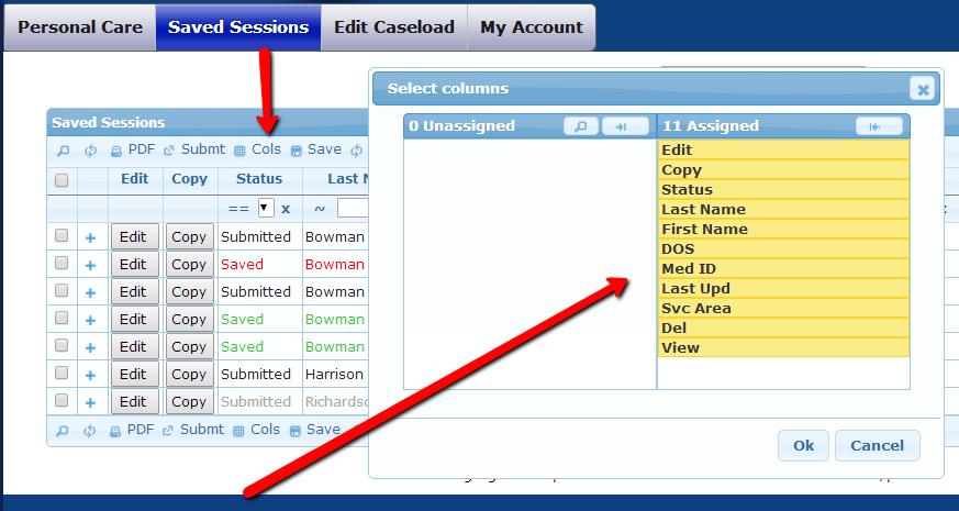 (Show or Hide Columns in Saved Sessions window) Customizing your Saved Sessions window: Any column heading name may be dragged and dropped into a different sequence on the Saved