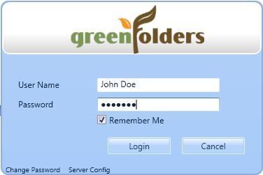 Logging in to GreenFolders The GreenFolders Login screen is your doorway to the GreenFolders System. When you start up the program, it will prompt you for your user name and password.