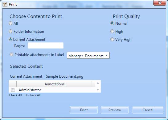 Printing The Print window allows you to select content within a folder that you want to print. All Choosing all content will allow you to choose any of the folders content to print.