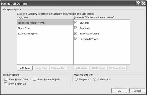Navigating a Database Efficiently 8 2. Right-click the Navigation Pane menu, and then select Navigation Options. The Navigation Options dialog box is displayed, as shown in Figure 12.