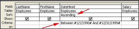 Access 2002 - Handout 2 Page 2 3. Date Queries Double-click Create query in Design View The Show Table window will appear. Select Employees Click Add and then Close.