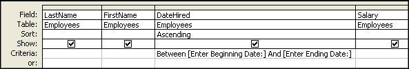 Sort on DateHired Ascending Set the date criteria to find those hired in the 1990s: Between #1/1/90# And #12/31/99# View in datasheet view Save as Hired in the 1990s Query. 4.