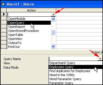 Access 2002 - Handout 2 Page 5 7. Creating a Macro Under Objects, select Macros Click New. In the Macro window, click on the first cell under Action.