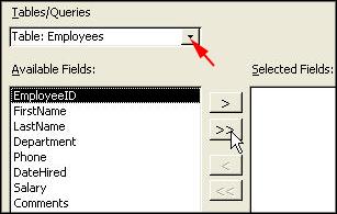 Access 2002 - Handout 2 Page 7 9. Adding a Form for Data Entry Under Objects, select Forms Double-click on Create form by using Wizard Select the table Employees.