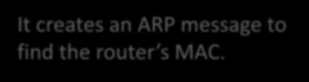 ARP Example IP: 130.58.68.10 MAC: Switch IP: 130.58.68.11 MAC: Switch I m 130.58.68.12 @ 00:65:88:42:E1:B2. Who has 130.58.68.1? Router IP: 130.58.68.1 MAC: 00:11:3D:09:F7:9A Internet It creates an ARP message to find the router s MAC.