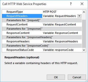 Then link the parameters RequestHeaders, RequestContent, ResponseContent and ResponseHeaders to dictionary variables as shown here: 14.