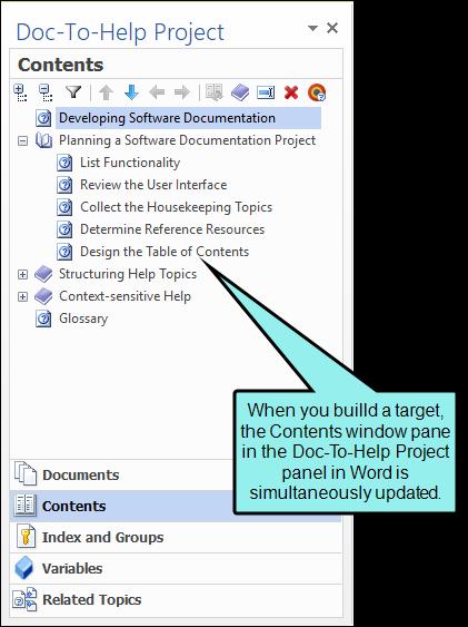 The Contents window view in the Doc-To-Help Project panel in Word is also populated.