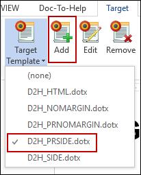 Therefore, according to the following table, it's best to add and select D2H_PRSIDE.dotx as the target template. Print-based templates often contain front matter and back matter content (e.g., title page, table of contents, index).