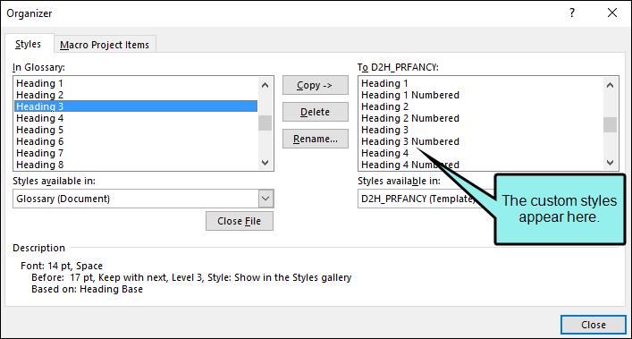 7. In the dialog that opens, navigate to the template or document that contains your custom styles, then