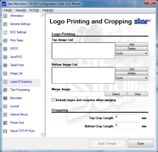 4.10. Logos & Cropping Logos & Cropping allows for the selection of images to be printed at the top of each receipt (logos) and images to be
