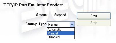 4.17.2. TCP/IP Port Emulator Service Setting Select the Startup Type for the emulator service. To enable use of the emulator service, set the Startup Type to either Manual or Automatic.