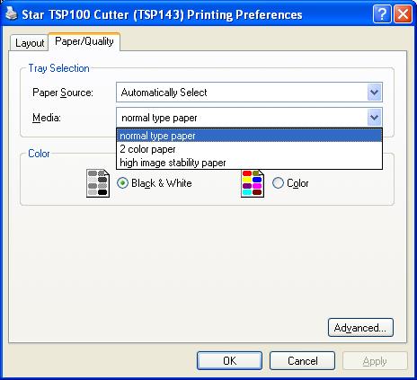 (3) When the Printing Preferences... window opens, click the Paper/Quality tab. Then, select the type of paper that suits the print color that has been specified.