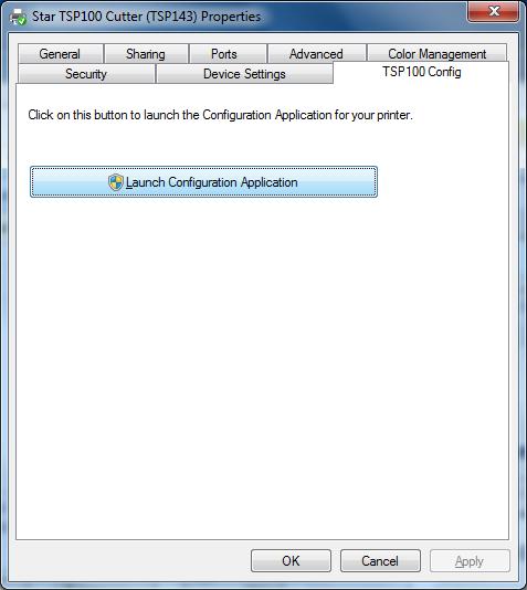 (3) Click Launch Configuration Application in the "TSP100 Config" tab. (4) In Windows 7 or Vista, the "User Account Control" window will appear. Click "Yes" or "Continue".