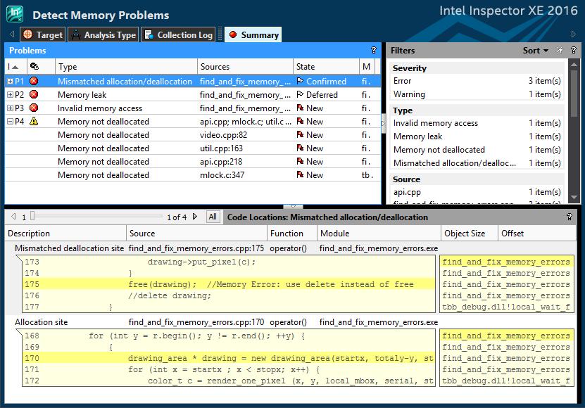 Productive User Interface Saves Time Intel Inspector Select a problem set Filters let you focus on a module, or error type, or just the new
