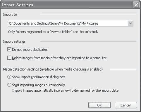 Changing the Folder to be imported To change the Folder to be imported, access the Import Settings screen. To display the Import Settings screen, choose [Image Import Settings...] from the [File] menu.