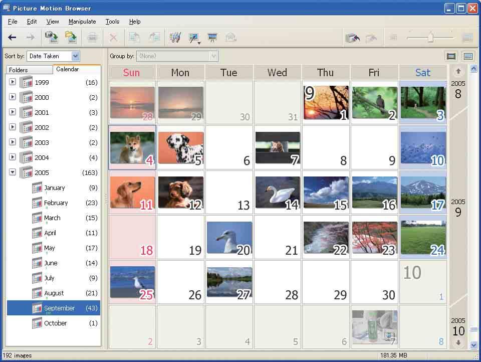Copying images to your computer using the Picture Motion Browser Organize images on the computer on a calender by shooting date to view them. For details, see the Picture Motion Browser Guide.