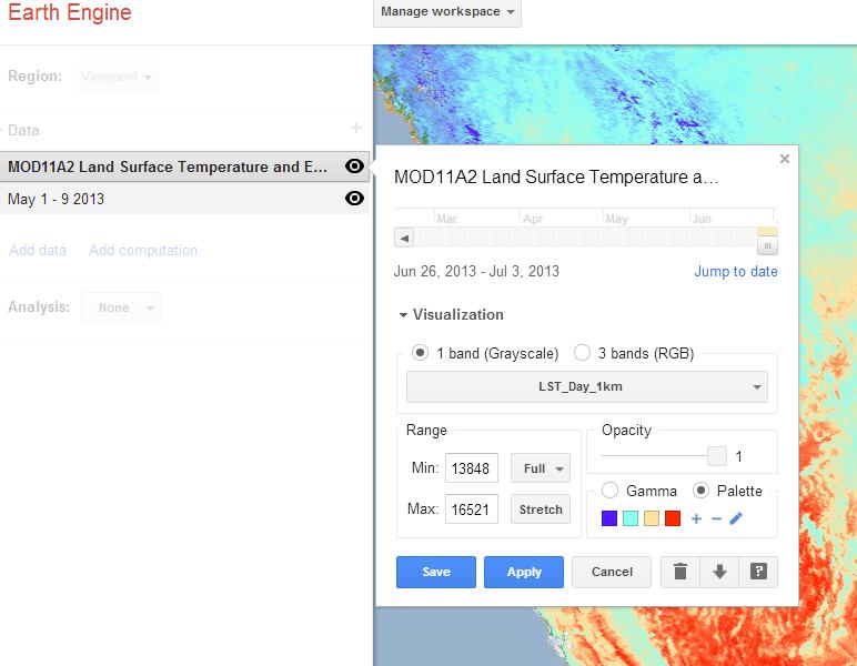 name in the Table of Contents. Click Save to keep any changes you have made. Next, search for Temperature to find the MODIS Land Surface Temperature dataset. Open this into your workspace.