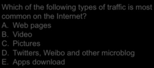 Discussion Question: Internet Traffic by % Which of the following types of traffic is most common on the Internet? A.