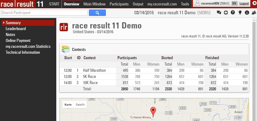 This START area of race result 11 allows you to open existing events and to create new