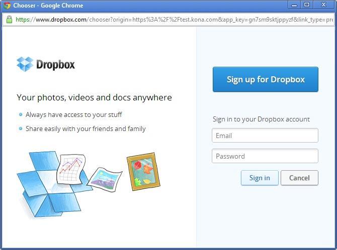 Dropbox Files Kona offers integration with Dropbox, allowing you to share public links to your Dropbox files.