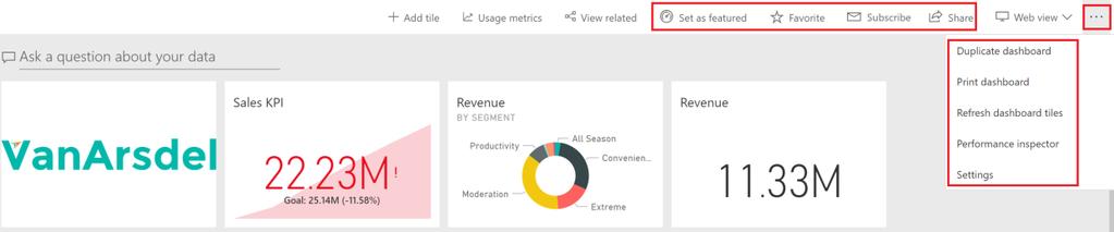 Power BI Service Share Dashboard With this dashboard, CMO can compare VanArsdel s performance with the competitors, figure out VanArsdel s revenue and performance compared to last year in a glance 1.