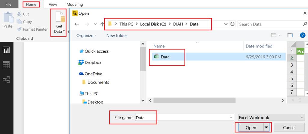 First step is to load data 6. Data is available in Excel workbook. To import data, select Get Data -> Excel from the ribbon 7. Browse to DIAH/Data folder and select Data.xlsx 8.