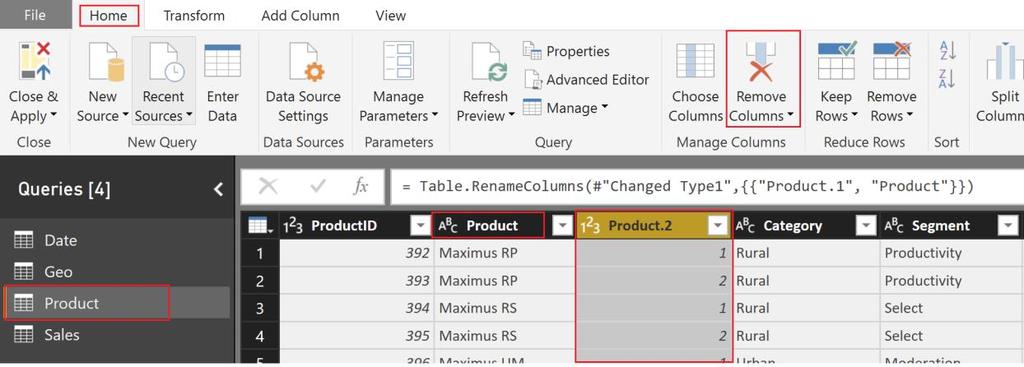 Select OK Notice Product column is split into two columns Product.1 and Product.2. We do not need Product.2 since we already have a ProductID column 20. Select Product.2 column 21.