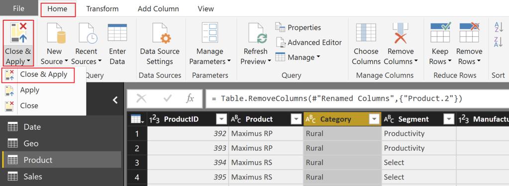 Now we have all the data in the query editor, let s load to Power BI Desktop 25. From the ribbon, select Home -> Close & Apply.