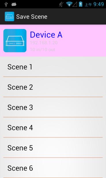 Save Scene In Controller page touch bottom left Save Scene to enter Save Scene page Touch the Scene column to show pop-up dialog Touch Save to save current channels setting for all output It