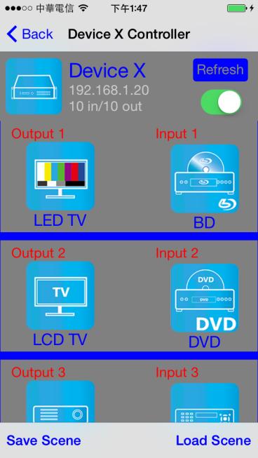 Output Channel Switching Left: icon for matrix Center upper big font for matrix name, Center middle small font for matrix IP Center lower small font for matrix type (4 by 4 or 10 by 10) Right gear