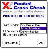 The default setting for this software is the Pocket Merchant 2-in-1 Card Reader and Printer. Follow the instructions that came with your card reader/printer on how to install the device to your PDA.
