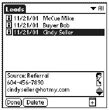 Screens At A Glance The Leads Screen From the Record menu, tap Leads to display the leads screen. For more information, see Viewing Leads on page 67. Tap the Details ( ) icon to display lead details.