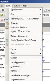 In this area, you can manage your address book, your Out of Office Assistant, create rules and alerts, customize your toolbars and menus, etc.