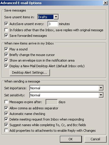 Advanced E-mail Options Here, you decide how frequently to save drafts of messages you re writing, and whether and how you want to be alerted to the arrival of a new message.