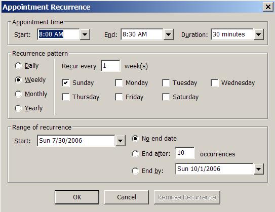 Schedule a Recurring Event To schedule a recurring event, click on the Recurring button in an appointment screen.