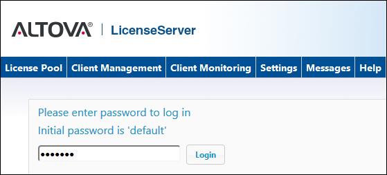 Altova LicenseServer How to Assign Licenses 159 Logging in with the initial password After going through the steps above, the Configuration page is opened with the login mask displayed (screenshot