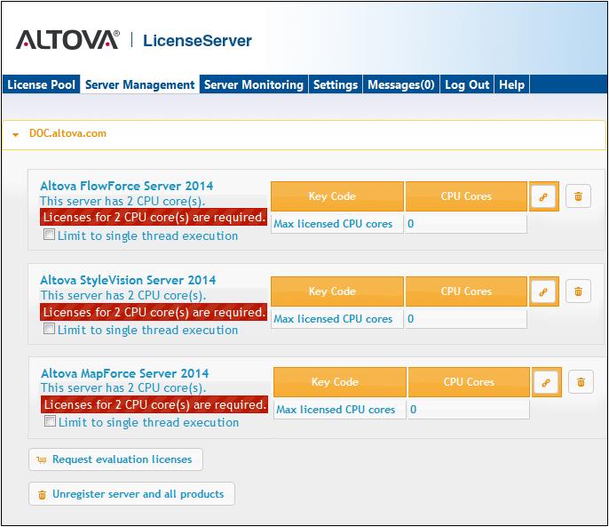 Altova LicenseServer How to Assign Licenses 169 In the screenshot below, three Altova products have been registered with the Altova LicenseServer at DOC.altova.com.
