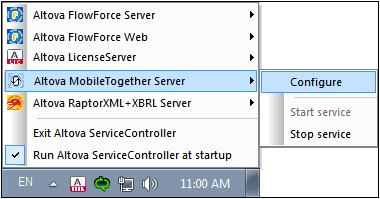 Altova LicenseServer How to Assign Licenses 173 Register MobileTogether Server To start MobileTogether Server, click the ServiceController icon in the system tray, hover over in the menu that pops up