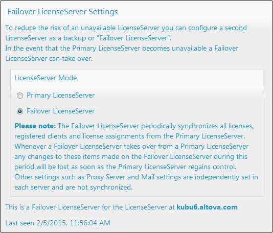 Altova LicenseServer Configuration Page Reference 199 To set up a LicenseServer as the Failover LicenseServer, do the following: 1. 2. 3.