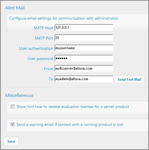 Altova LicenseServer Configuration Page Reference 203 SMTP Host and SMTP Port are the access details of the email server from which the email alert will be sent.