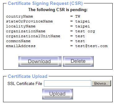 Request generation. The CSR can be downloaded to your administration machine with the Download CSR button. Send the saved CSR string to a CA for certification.