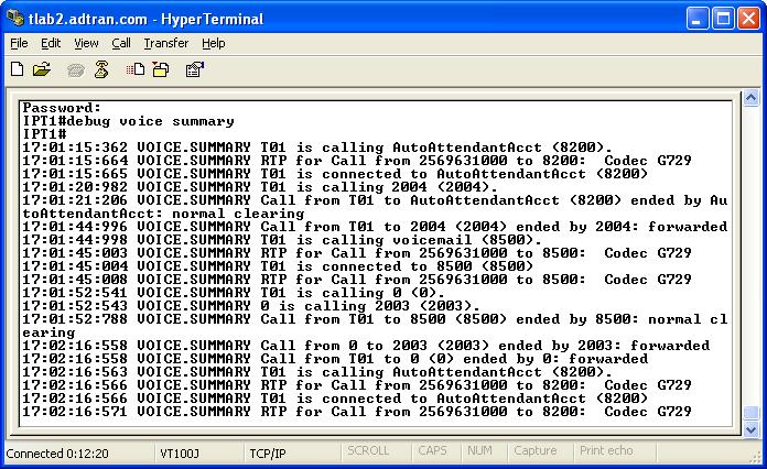 Debug Voice Summary Sample Output The output shown below is from the steps just completed. 1. Inbound call to Auto Attendant (8200) 2. User enter 2004 3.