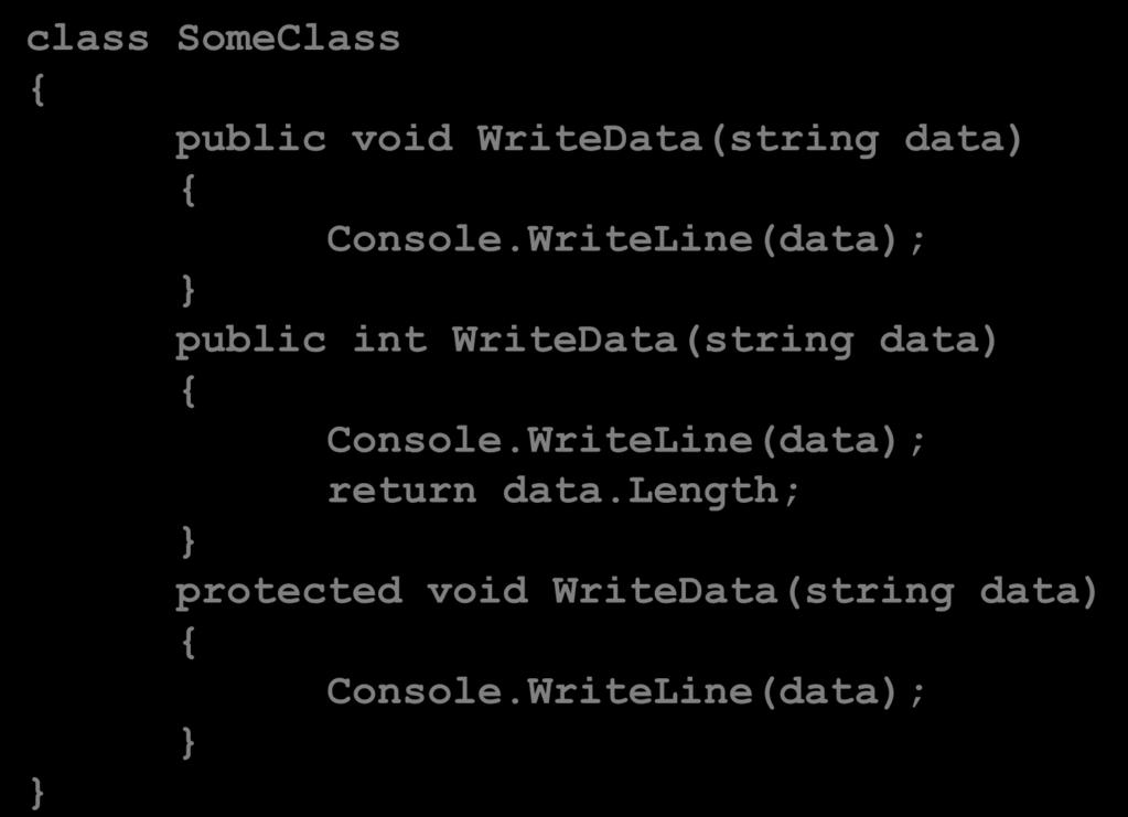 Thân của lớp Method overloading Khác nhau về Kiểu trả về và access modifier class SomeClass public void WriteData(string data) Console.