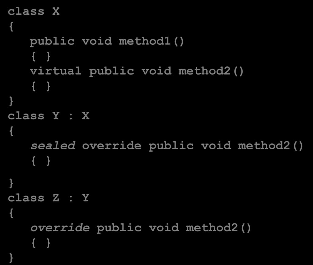 Phương thức sealed Từ khóa sealed chỉ ra phương thức không được override trong lớp con của nó class X public void method1()