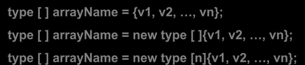 Mảng Bộ khởi tạo Mảng 1 chiều type [ ] arrayname = v1, v2,, vn; type [ ]