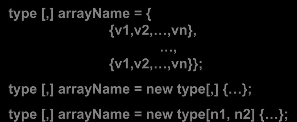 v2,, vn; Mảng nhiều chiều type [,] arrayname = v1,v2,,vn,, v1,v2,,vn;
