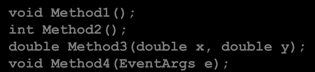 x, double y); void Method4(EventArgs e); delegate void DelegateType1(); delegate int