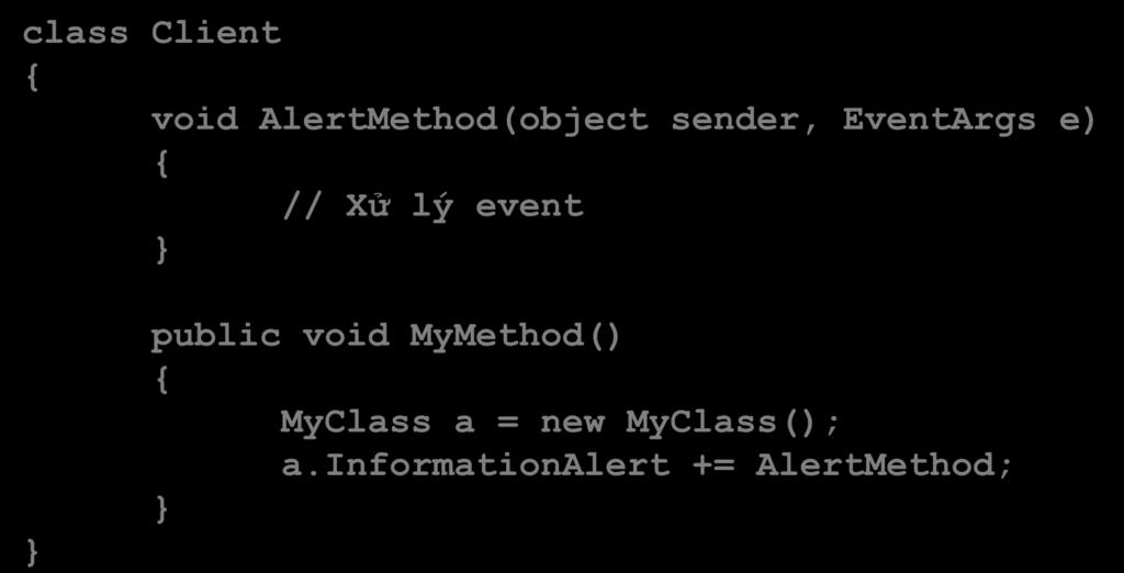 Event Ứng dụng class Client void AlertMethod(object sender, EventArgs e) // Xử lý event