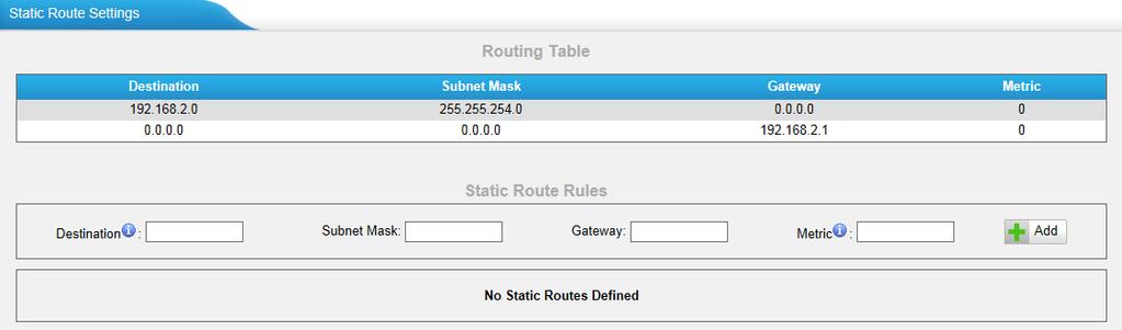 Figure 5-5 1) Route Table The current route rules of NeoGate TG. 2) Static Route Rules You can add new static route rules here.